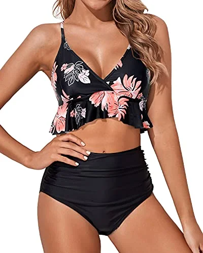 UV - protection bikini for safe sun exposure during beach daysFlouncy Ruffle High Waisted Bikini Swimsuits Deep V Neck-Black Orange Floral UV - protection bikini for safe sun exposure during beach daysFlouncy Ruffle High Waisted Bikini Swimsuits Deep V Neck-Black Orange Floral