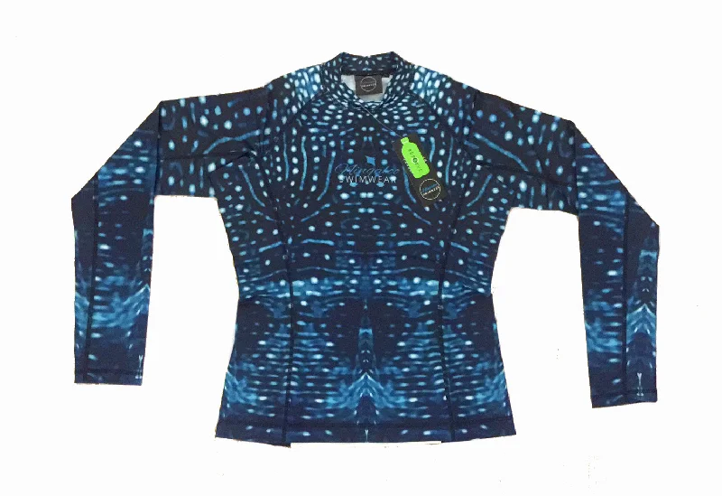Sustainable bikini made from recycled materials for eco - conscious beachgoersWomens - Whale Shark - Long sleeve - Rash Vest - Repreve® Fabric Sustainable bikini made from recycled materials for eco - conscious beachgoersWomens - Whale Shark - Long sleeve - Rash Vest - Repreve® Fabric